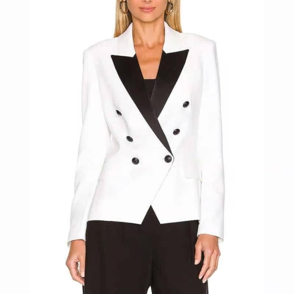 L'AGENCE Kendi Long Double Breasted Tuxedo Blazer White Black Sz 10 Business